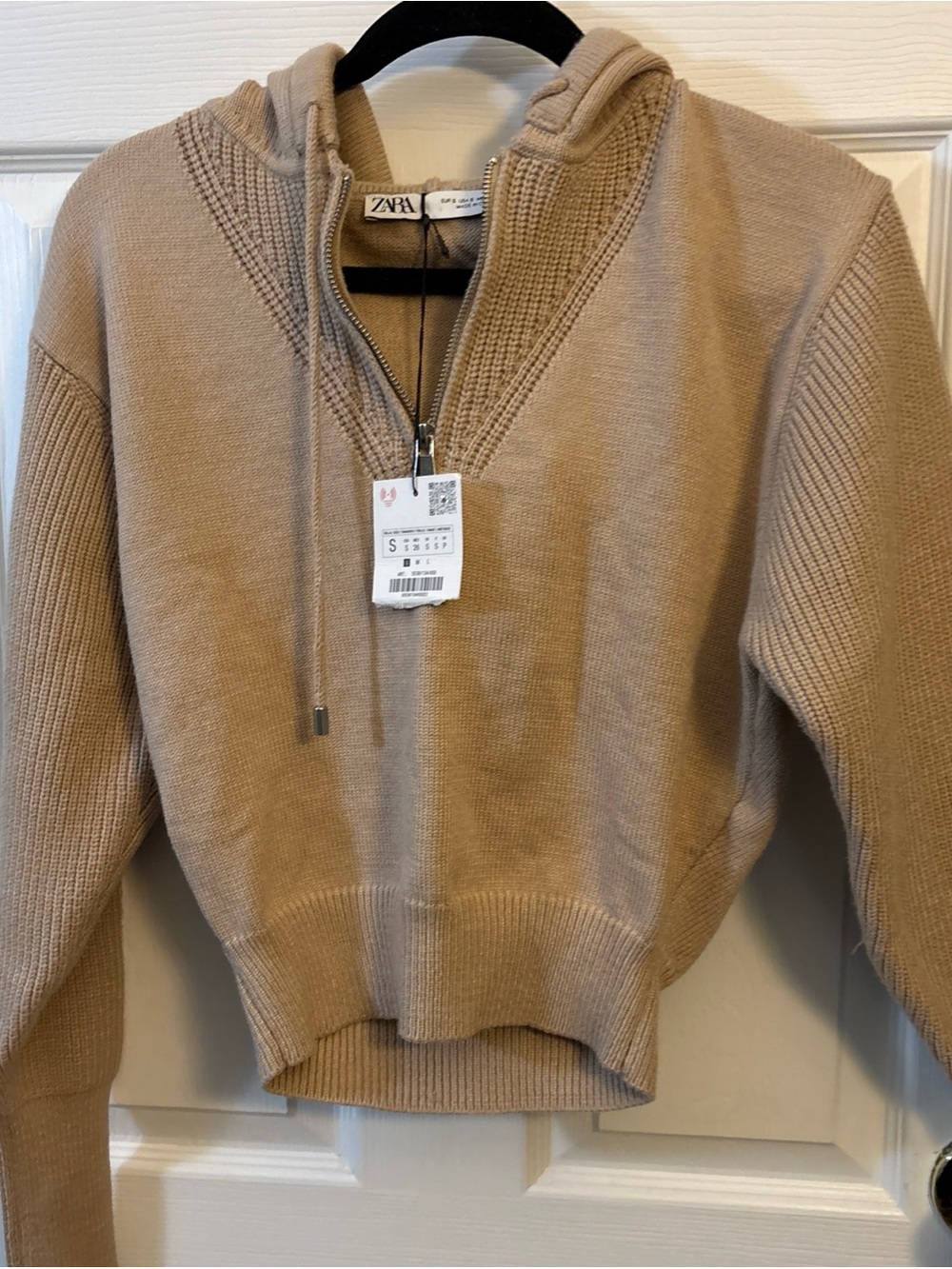 Zara women’s Beige Half-Zip Hooded Sweater